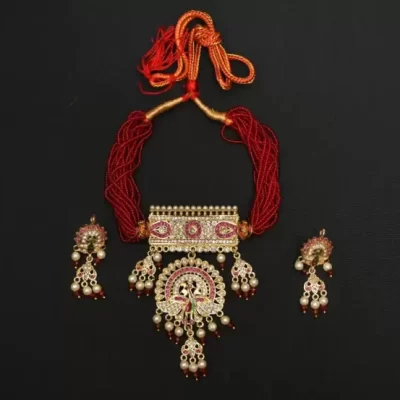 one gram gold polish plated peacock design necklace with pair of earrings set for women