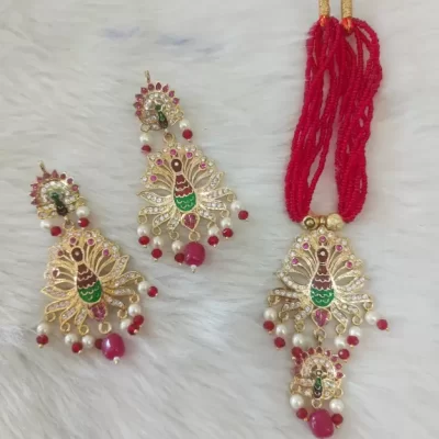 one gram gold polish plated peacock design necklace with pair of earrings