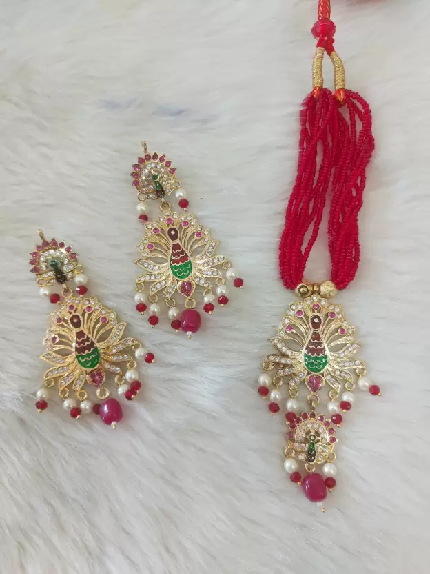 one gram gold polish plated peacock design necklace with pair of earrings