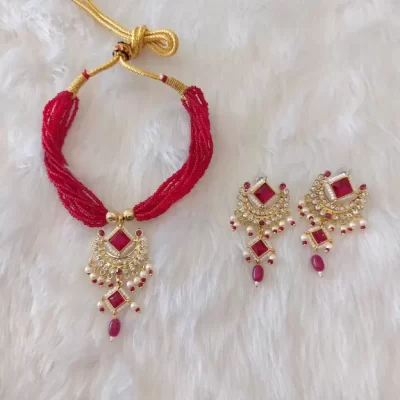 flying beads latest design red meena pendant earrings set