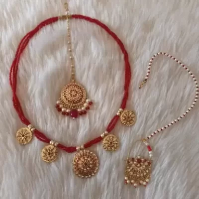 one gram gold plated necklace with tikka and nosepin