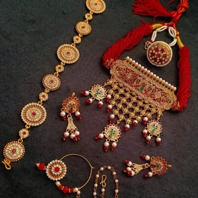 One Gram Gold Polish Plated Rajasthani Bridle Jewellery Combo Set
