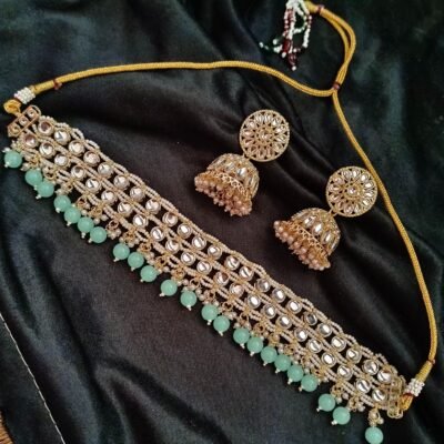 Kundan Choker Necklace in Aqua Colour With Jhumka Earrings
