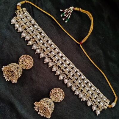 Kundan Choker Jewellery Set In White Colour With Jhumka Earrings