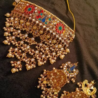 Peacock Design Kundan Necklace With Big Size Jhumka Earrings