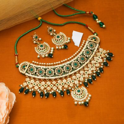 Beautiful Rajasthani haar gold polish green beads