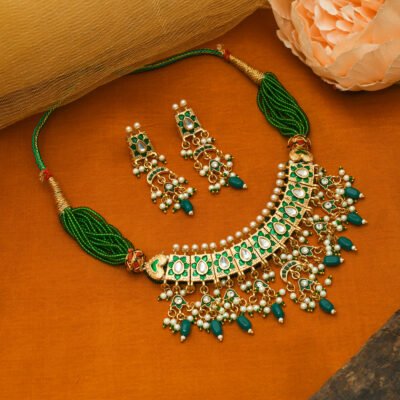 Hand Made Rajasthani Jadu Minakari Green Choker Haar with Earrings