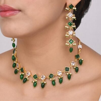 American Diamond White Green Choker Necklace with Earrings