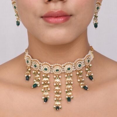 Micro Gold Polish Plated Green Jodhpuri Choker Set With Earrings