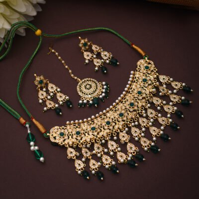 Latest Design One Gram Gold Polish Plated Rajasthani Green Haar Set For Bridle