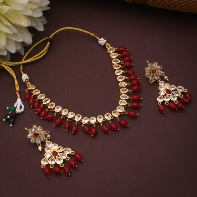 American Diamond Necklace With Red Pearl For Girls And Women