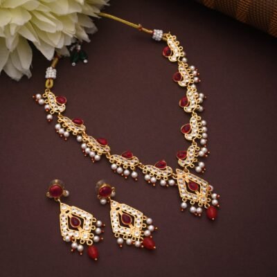 One Gram Gold Polish Plated Antique AD Haar Set For Girls And Women