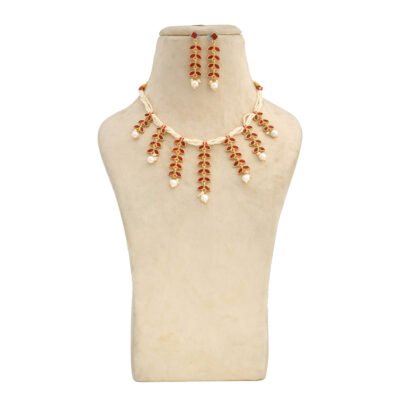 One Gram Gold Polish Plated White Pearl American Diamond Antique Necklace With Earrings For Girls And Women Suitable For Saree Suit And Lehnga