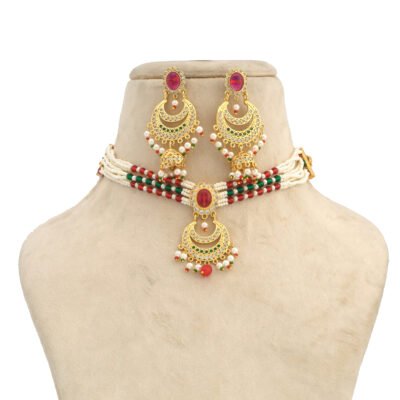 One Gram Gold Polish Plated Rajasthani Pearl Necklace With Big Size Earrings For Girls And Women Suitable For Saree Suit And Rajputi Poshak