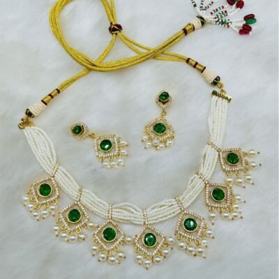 White Pearl Chain Pendent Green Antique Jewellery Set For Engagement Function