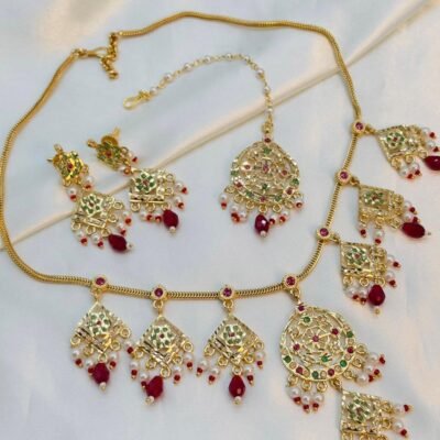 One Gram Gold Polish Plated AD Chain Pendent Necklace Set With Earrings And Maangtikka For Girls And Women With One Year OF Warranty